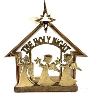 The Holy Night Angel Christmas Decor Wood & Gold Tone Metal 13” Nativity Style
